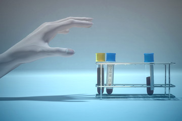 Hand stretch out for test tubes with blood sample for COVID-19 test. Side view. Coronavirus Covid 19 infected blood sample, 3d render
