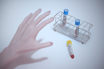 Hand stretch out for test tubes with blood sample for COVID-19 test. Top view. Coronavirus Covid 19 infected blood sample, 3d render