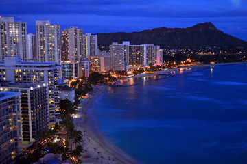 ASn aerial view of Waikiki Beach in Honolulu, Oahu, Hawaii at dusk