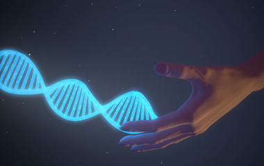 Hand touching DNA molecules on dark background. DNA and genetics research concept. 3d render