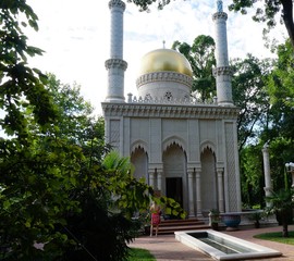 A smaller copy of the Taj Mahal in a recreation Park.