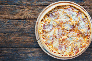salami pizza with mozzarella and various cheeses, Concept promotional flyer poster for Restaurants...