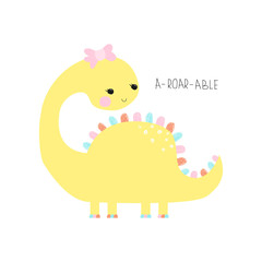 Cute little dinosaur with bow. Childish simple graphic. Vector hand drawn illustration.