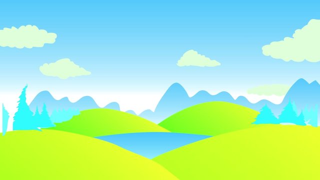 panoramic view graphic design with green hills under a clear blue sky with pine woods and big shadows of mountains in the horizon and a layer of grass in front with small flowers