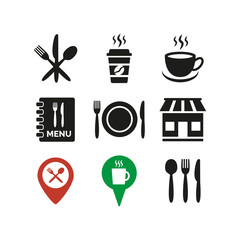 Restaurant and cafe icons set on white background.