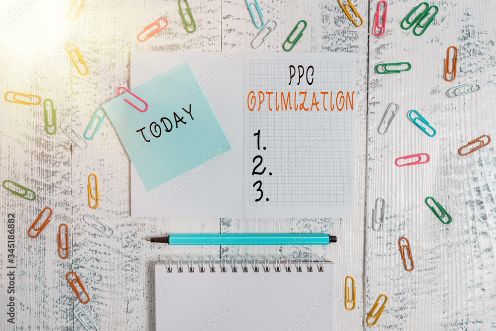 Poster handwriting text writing ppc optimization. conceptual photo enhancement of search engine platform fo
