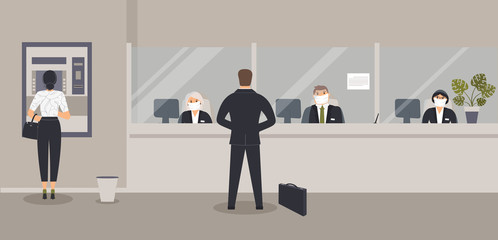 Bank office interior:Bank clerks sit behind barrier with glass, ATM or cash machine,bin.Elegant interior financial institution. Hall with bank counter with plant monstera in pot. Vector illustration