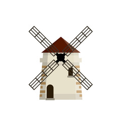 Village windmill. Production of flour from grain. Rural landscape. Natural food in the countryside. Cartoon flat illustration. Dutch mill