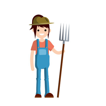 Woman farmer in overalls with fork in hands. Rural type of work. Production of natural food in the village. Girl with tools. Cartoon flat illustration