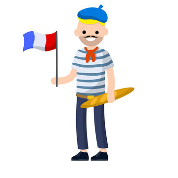 Young French guy in striped t-shirt with a red tie. man with the flag of France and bread. national costume. European tourism - Cartoon flat illustration