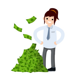 Office worker in white shirt. Big hand with green money. Happy woman. Cartoon flat illustration. Payment and business. Cute businesswoman