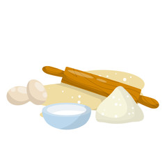 Rolling pin and dough. Wooden appliance for kitchen and cooking. Cartoon flat illustration. Preparation of bread and pastries. Set of Ingredients-flour, milk, egg. Kneading dough