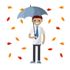 Young african man standing in the rain with umbrella. Fall of orange and red autumn leaves. Cartoon flat illustration. Protection from Bad windy weather