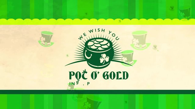 happy st patricks day graphical design with formal pot of rich painting garnished with a clover leaf and using celtic printing wishing okay fortune