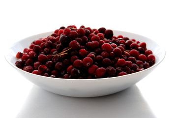 Frozen cranberries in the white plate .Fresh red berry cranberries
