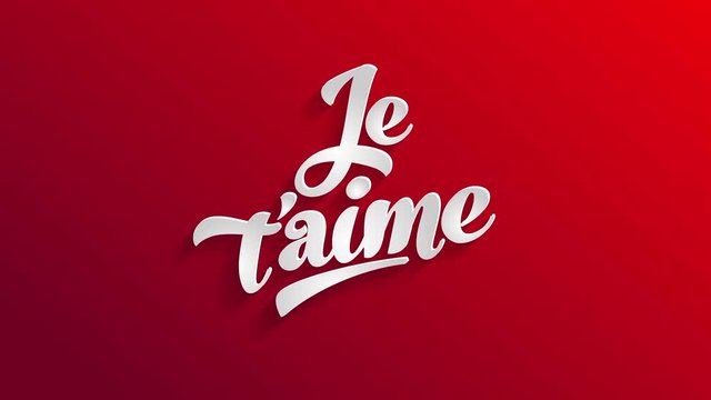 french i love you je taime design written with 3d lettering using white curly font over red background with parts covered in shadows
