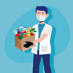 man with mask and gloves to shopping supplies