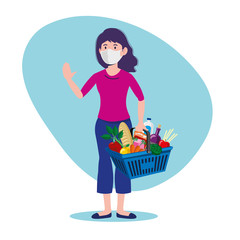 woman with mask and shopping food supplies