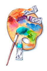Watercolor set of art supplies, wooden palette with tubes of paints and a brush isolated on white background. Realistic hand drawn illustration of home activity, art tools at work © fotomango