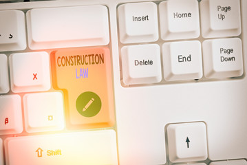 Text sign showing Construction Law. Business photo showcasing deals with matters relating to building and related fields