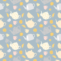 Seamless pattern with the image of tea leaves, cups and baking. Vector illustration of cups, teapot, crassan, buns and cookies.