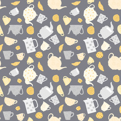 Seamless pattern with tea cups, teapots and buns. Vector images of cups, teapots, croissants, cookies, and buns.
