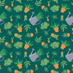Seamless vector pattern with the image of indoor plants in pots and a watering can.