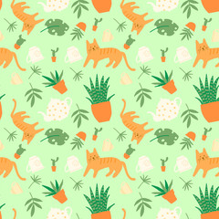 Seamless windy pattern with cat, cups, indoor plants and tea leaves. Home comfort