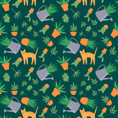Seamless pattern with the image of house plants and a cat. Vector illustration of a cut cat, indoor flowers