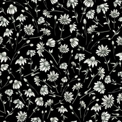 Seamless pattern with chamomilie. Wild flowes pattern. Summer floral endless background. Botanical illustration. Use it for fabrics, textile, postcard, website design, wallpaper, wrapping paper.