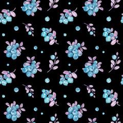 Watercolor pattern with blue berries and pink leaves on the black background. Botanical illustration.