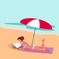 Obraz na płótnie Canvas Woman on the beach under umbrella reads the book. Summer. Ocean.