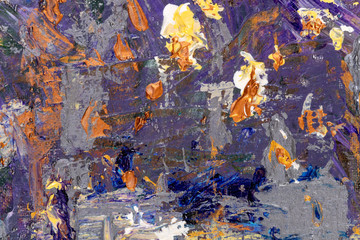 Abstract painting fragment with vibrant colors, strong shapes, and brushstrokes textures. Artistic unique painting.