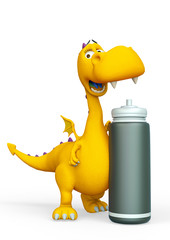 baby dragon cartoon besides a workout bottle in a white background