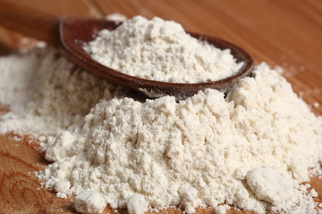 Wheat flour on wooden spoon