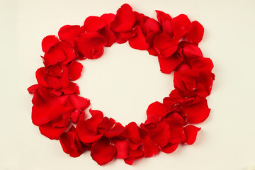 Red rose petals in the shape of a circle. Romantic symbol on a white background with space for text.