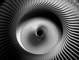 3d render of black and white monochrome abstract art of 3d background with part of surreal mechanical industrial turbine jet engine or flower or symbol of sun, or wheel rim in swirl twisted pattern 