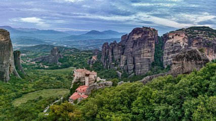 Fototapeta na wymiar The Meteora is a rock formation in central Greece hosting one of the largest and most precipitously built complexes of Eastern Orthodox monasteries.