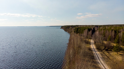 Obraz premium Top view aerial view with drone beautiful sea beach landscape. Forest. Nature. Water. Coast.