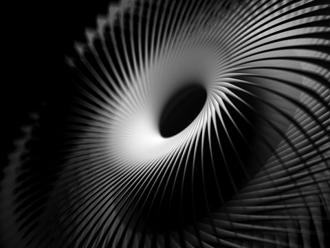 3d render of abstract art black and white industrial 3d background with part of surreal turbine jet engine with sharp aluminium metal blades and black hole in the centre, with depth of field effect