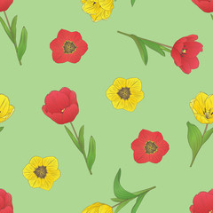 Fototapeta na wymiar vector seamless pattern with spring flowers tulips on a light green background