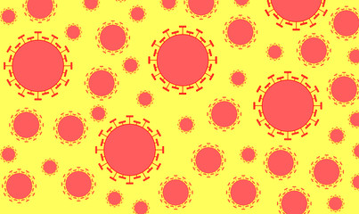 illustration abstract covid, coronavirus, pollen, dust, star, symbol circles red with yellow background, of various sizes, spreading like aerosol. 