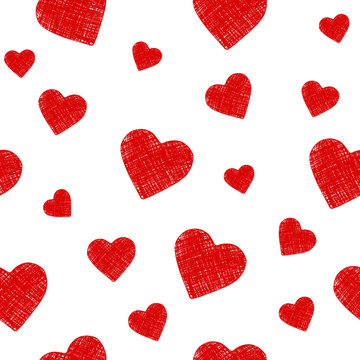 Vector red heart on white Seamless pattern. Ink hand draw illustration. Bright romantic background.