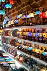Fototapeta na wymiar Gift shop with a variety of Turkish lamps for sale. Kotor, Montenegro