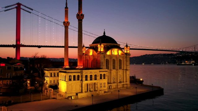 Ortakoy Mosque Sunrise Aerial Drone View at Covid-19 Isolation Days