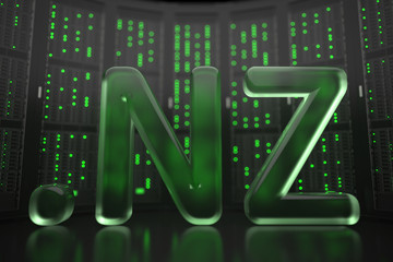 Domain .nz on server room background. Internet in New Zealand related conceptual 3D rendering