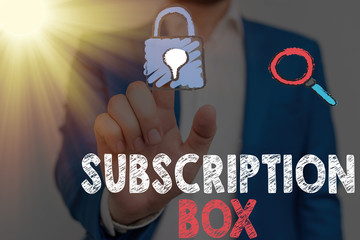 Conceptual hand writing showing Subscription Box. Concept meaning button if you clicked on will get...