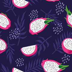 Vector summer pattern with dragon fruit (pitaya), flowers and leaves. Seamless texture design.
