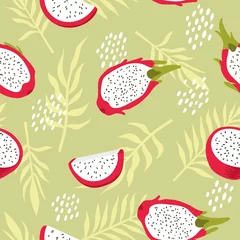 Poster Vector summer pattern with dragon fruit (pitaya), flowers and leaves. Seamless texture design. © Pyzhova