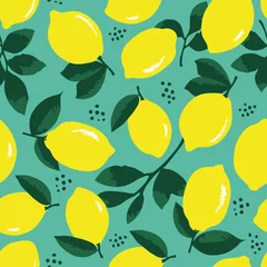 Papier Peint photo autocollant Citrons Modèle d& 39 été de vecteur avec des citrons, des fleurs et des feuilles. Conception de texture transparente.